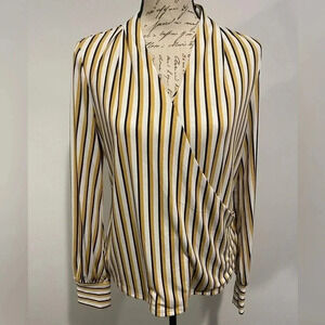 Adrianna Papell faux wrap striped blouse. Black/yellow/white. Size Medium